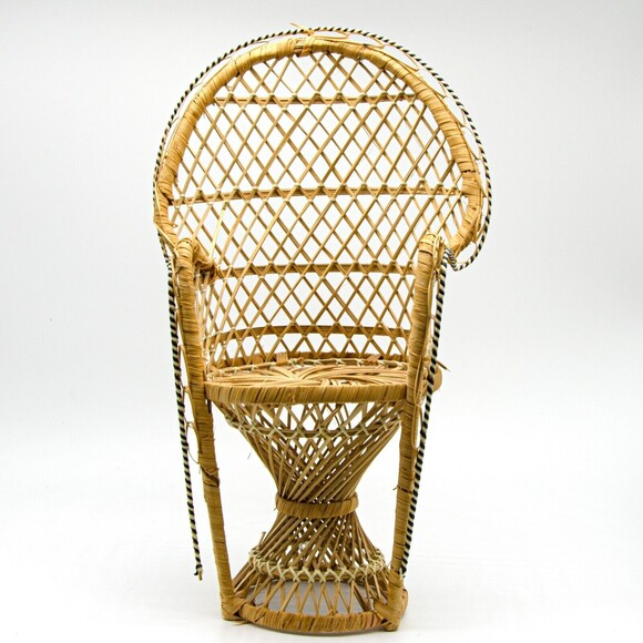 Vintage Wicker Peacock Fan Back Rattan 16” Doll Chair Plant Stand, Boho Decor - Picture 1 of 7